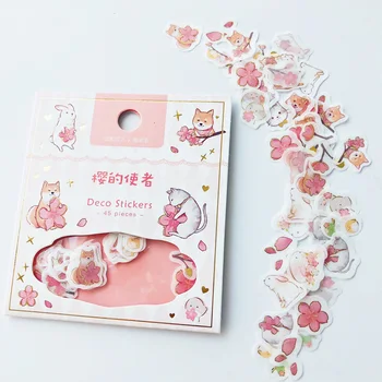 

45PCS /Pack Romantic Sakura Fox Cat Sticker Adhesive Craft Stick Label Notebook Computer DIY Decor