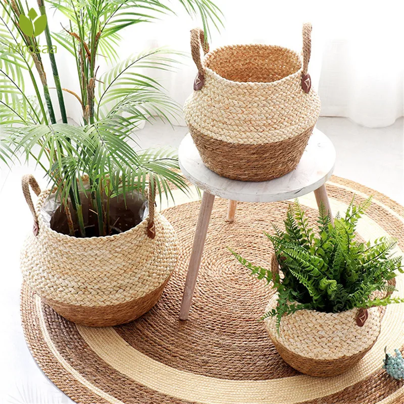 Foldable Seagrass Belly Basket Flower Plant Storage Wicker Basket Home Decor 