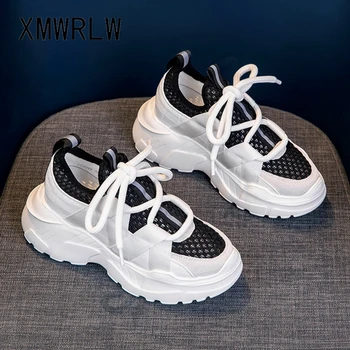 

XMWRLW Genuine Leather Women Chunky Sneakers High Heels Ladies Black White Shoe 2020 Summer Breathable Mesh Women Summer Sneaker