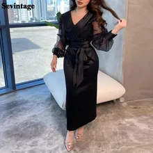

Sevintage Black Sheath Arabia Midi Evening Dresses Satin Lace Long Sleeves Prom Party Gowns Ankle Length Formal Prom Dress 2022