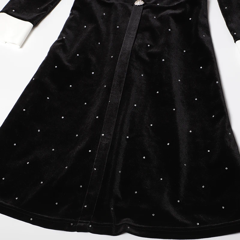 AELESEEN Runway Fashion Black Velvet Dress Women's Long Sleeve Diamonds Button Office Elegant Party Christmas Midi Dress