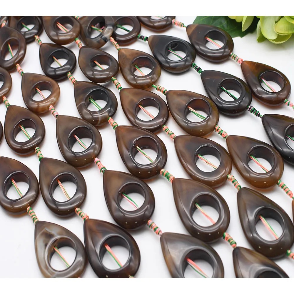 

52mm Natural Smooth Water drop ring coffee Agate stone beads For DIY Bracelet Necklace Jewelry Making Strand 15"