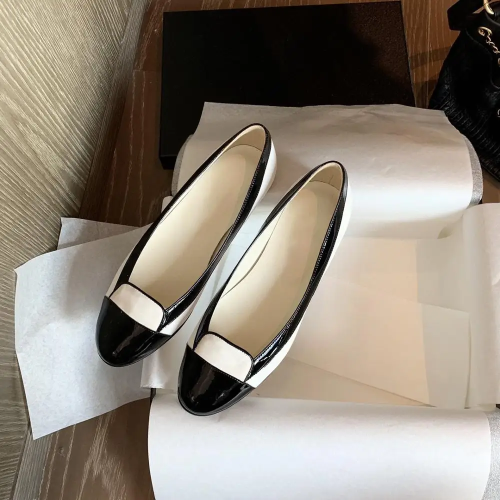 

Women Soft Patent leather vintage Basic Pumps Two Color Splicing Classic Ballet Shoe Large Size Tweed Low Heels Flat shoes