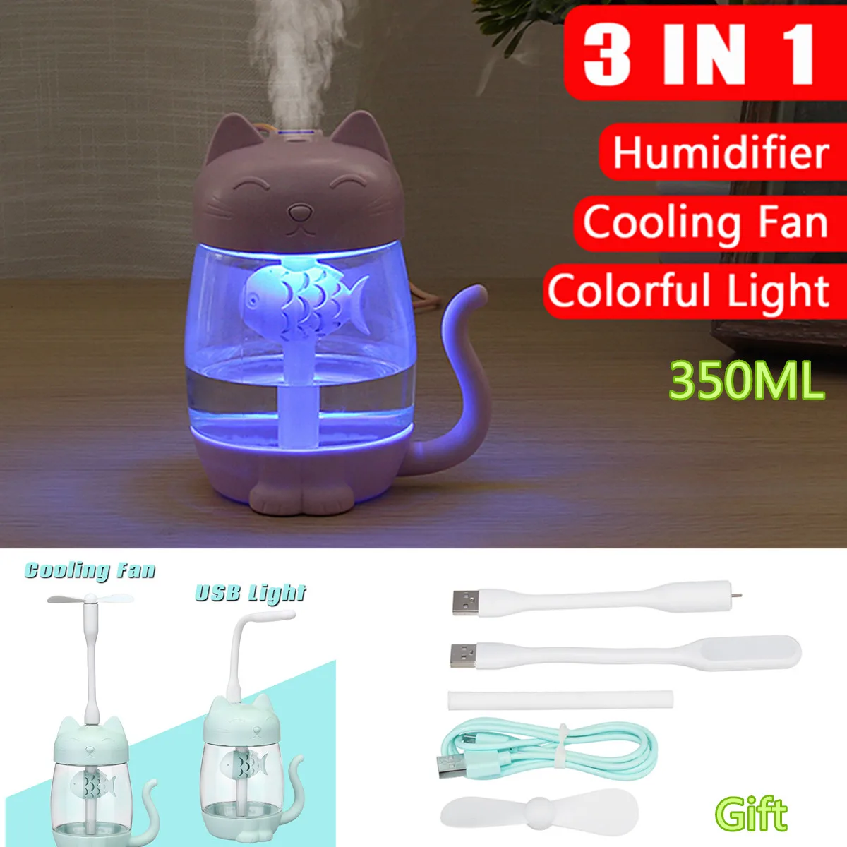 

3 in 1 350ML USB Cat Air Humidifier Ultrasonic Cool Mist Mini Humidifier With LED Light USB Fan Night Lights for Home office