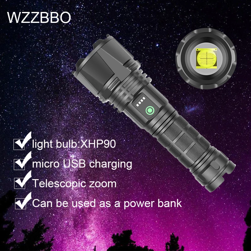 

XHP90 Powerful Flashlight Torch USB Rechargeable Tactical Hunting Flashlight LED Flash Light Zoomable tactical flashlight