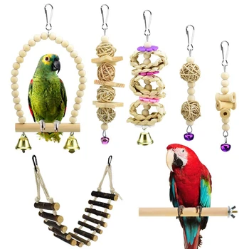 

7 Pcs Bird Parrot Toys Natural Wood Bird Swing Climbing Chewing Standing Hanging Perch Hammock Rope Ladder Bell Bird Cage Toys