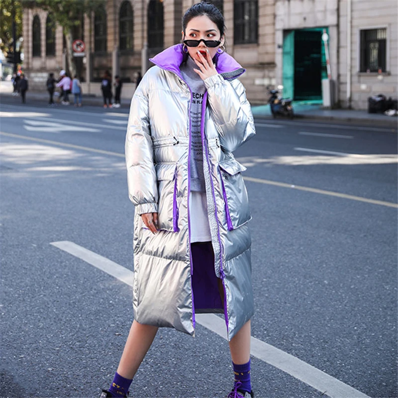 

Winter Silver Glossy Down Jacket Women Turtleneck Long Down Parkas Female Thick Warm Plus size Loose Cotton Padded Jacket Coat
