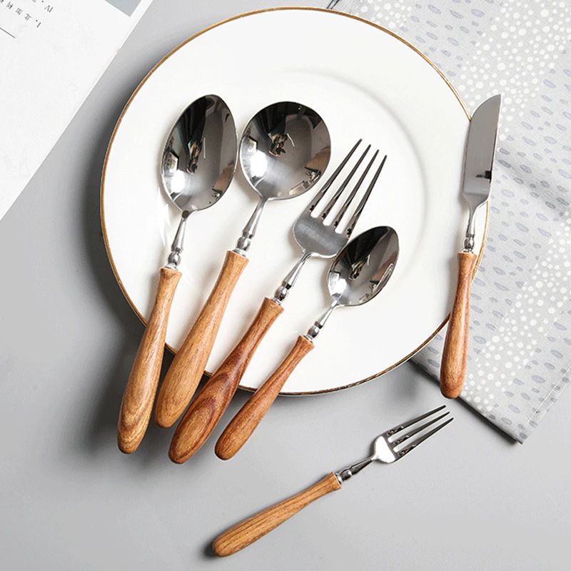 Wooden Handle Tableware Set 304 Stainless Steel Metal Head Easy to Clean Steak Cutlery set cutlery set western style cutlery set stainless steel cutlery set