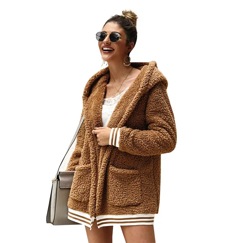 Женский плюшевый флисовый свитер шерпа флисовый кардиган с большими карманами эластичный подол теплое пальто женская зимняя Осенняя уличная одежда