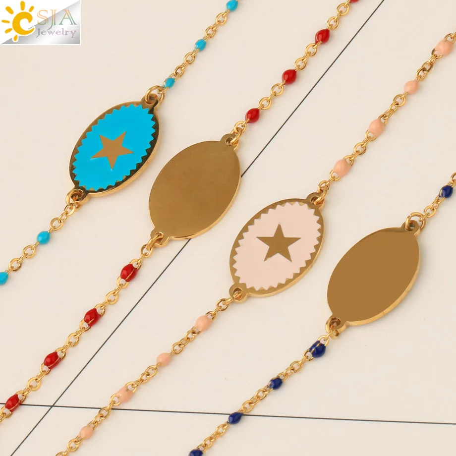 CSJA Stainless Steel Bracelet Women Enamel Star Charm Gold Color Link Chain Beaded Luxury Thin Acier Inoxydable Bracelets S718