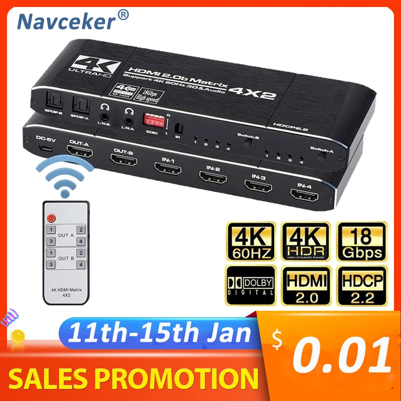 2020 4K @ 60 Гц HDMI матрица 4x2 Переключатель сплиттер Поддержка HDCP 2 ИК пульт
