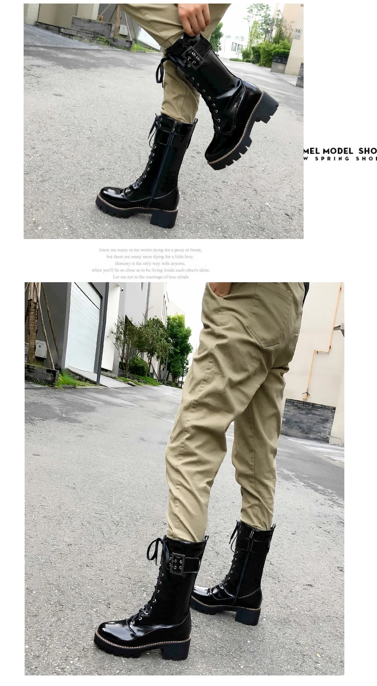 Punk Style Women's Chunky Heels Platformed Combat Boots Woman Lace up Buckled Strap Street Motorcycle Boots 43 sapato feminino