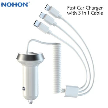 

Nohon Dual USB Car Charger with 3 in 1 Cable Fast Charging Adapter for iPhone Micro USB Type C Cable Car Mobile Phone Charger