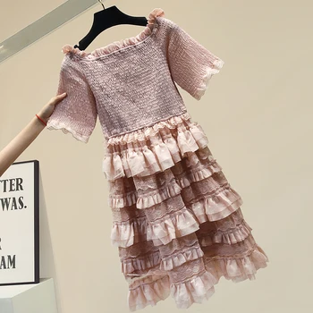 

Women Dress New Female 2020 Popular Pleated Collar Strapless Lace Dress Girls Ladies Cake Dresses Students Party Vestidos