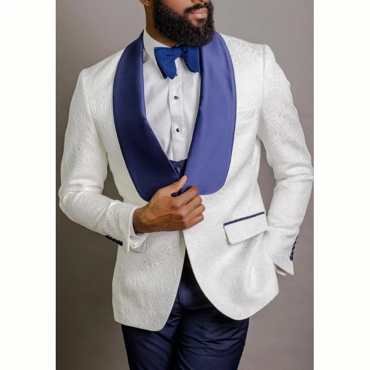 

Tailored Men Suit 3 Pieces Slim Fit Business Suits Groom Jacquard Champagne White Tuxedos Formal Wedding Blazer Pants Vest Set