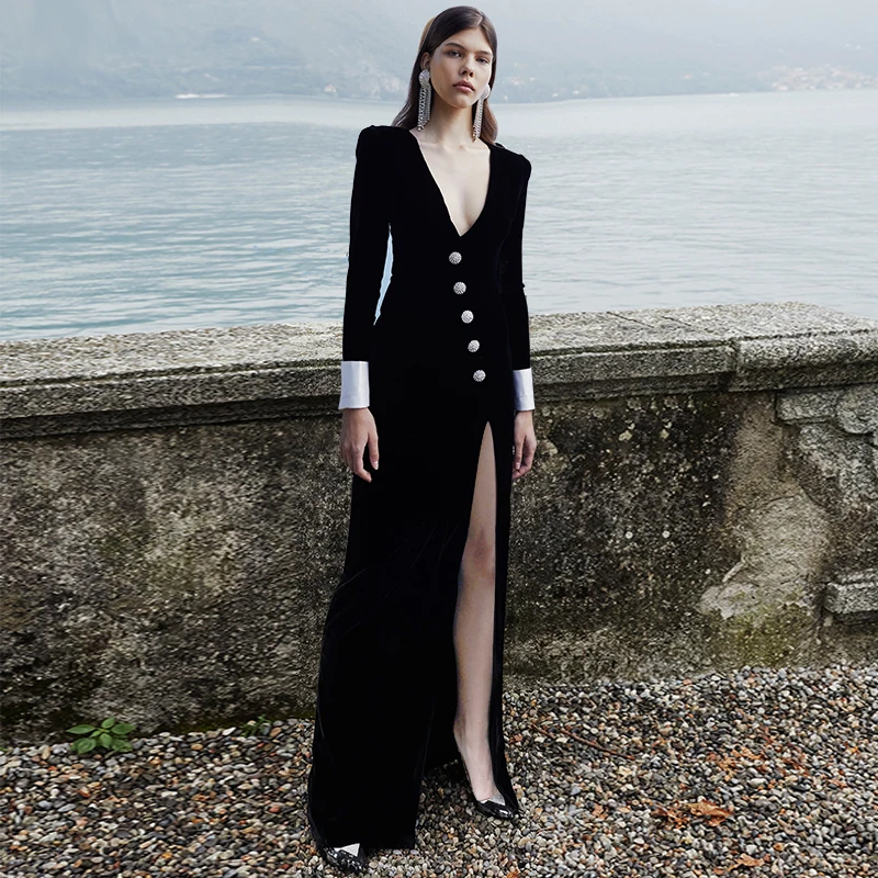 

Luxury Evening Dress Women Long Sleeve Black Velvet Dresses Plus Size High Split Sexy V Neck Formal Celebrity Party Vestidos
