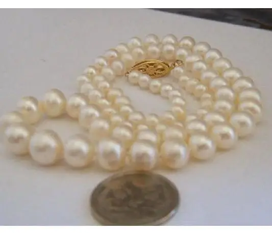 

Hot Sell Round 9-10mm Natural Pearl Necklace South Sea White Beaded Necklaces 18 Inch 14k Gold Clasp