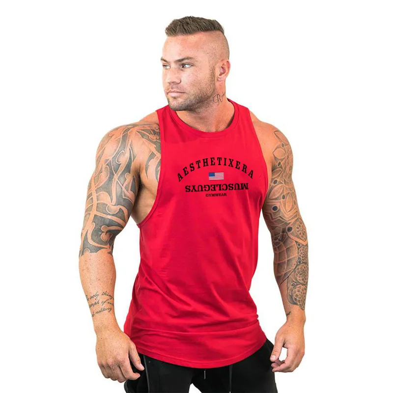 Muscleguys 남성용 탱크 탑 민소매 셔츠, 체육관 피트니스 보디빌딩 운동 싱글 슬링 조끼, 남성 여름 브랜드 의류