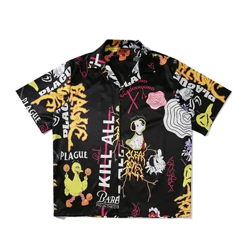 

American Street Personality Cartoon Graffiti Printing Hip Hop Men Women Short Sleeve Big Size Loose Casual Shirt Couple Tops