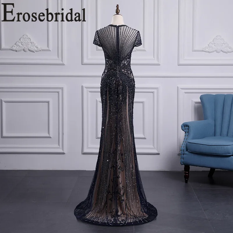 Erosebridal серебряное вечернее платье со шлейфом Роскошные бисерные Элегантные Формальные платья с круглым вырезом Иллюзия тела вечернее платье