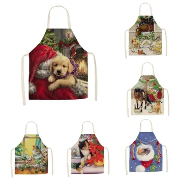 

1Pcs Kitchen Apron Christmas horse farm Printed Sleeveless Cotton Linen Aprons for Men Women Home Cleaning Tools 55*68cm