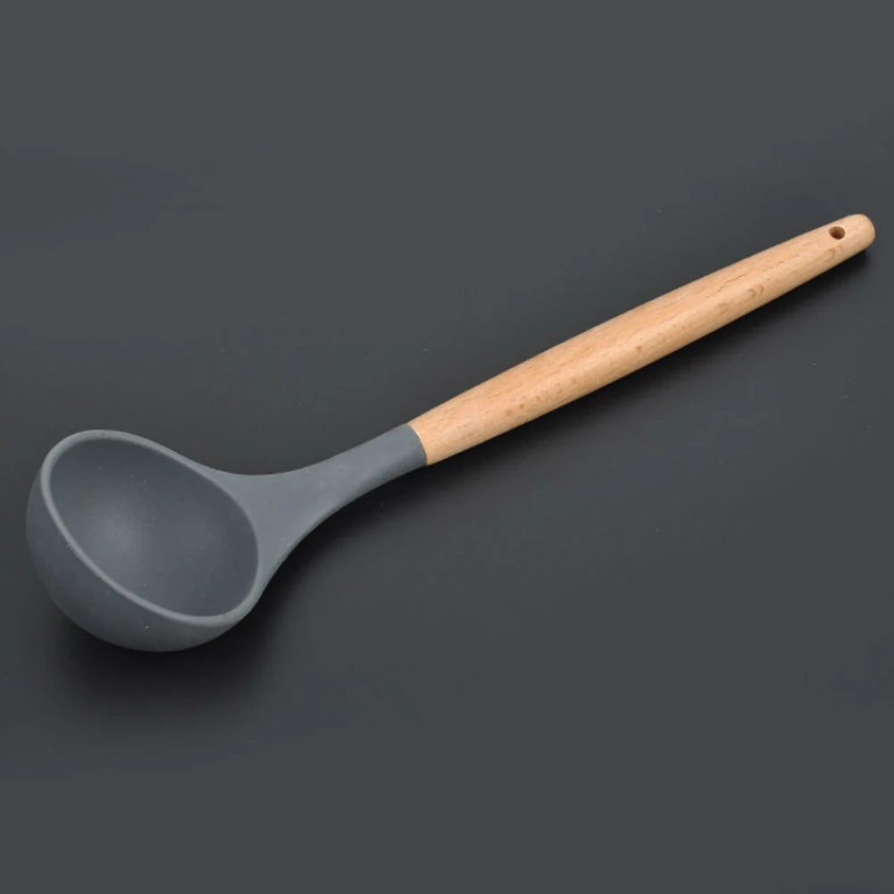 Fashion Wood Handle Dark Gray Silicone Kitchen Utensil Set Cookware Spatula Spoon Spaghetti Tools Cooking Sets