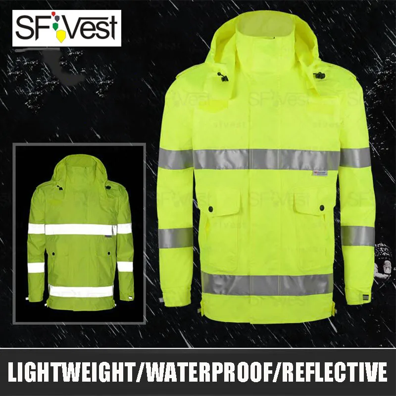 

Fluorescet Yellow Reflective Rain Coat Mens Safety Working Uniform Outwear Coat Reflective Striped Jacket