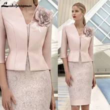 Vintage Madre de la novia vestidos con chaqueta rodilla longitud Rosa flor mujeres boda invitado vestido madre vestido de fiesta Formal desgaste