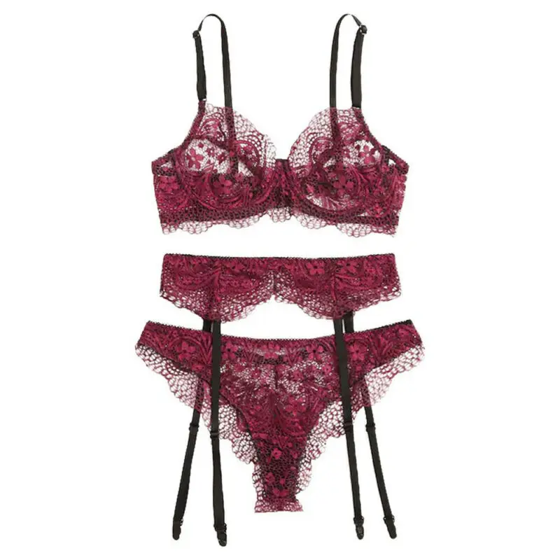 

Goocheer Women Sexy Lingerie Lace Babydoll G-String Dress Thong Underwear Sleepwear Set Exotic 3PCS/Sets Bra + Panties + Garter