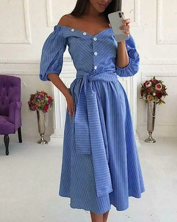 Женское синее Полосатое длинное платье сексуальные платья с открытыми плечами