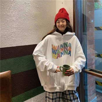 

Women Hoodie Cartoon Printed Loose Hooded Tops Thin Zip-up Harajuku Sweatshirt Korean Hoodie Streetwear Autumn