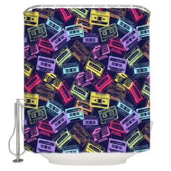 

Multicolored Retro Music Cassette Shower Curtain Waterproof Bathroom Curtain Polyester Bath Curtain Home Decor 12 Hooks