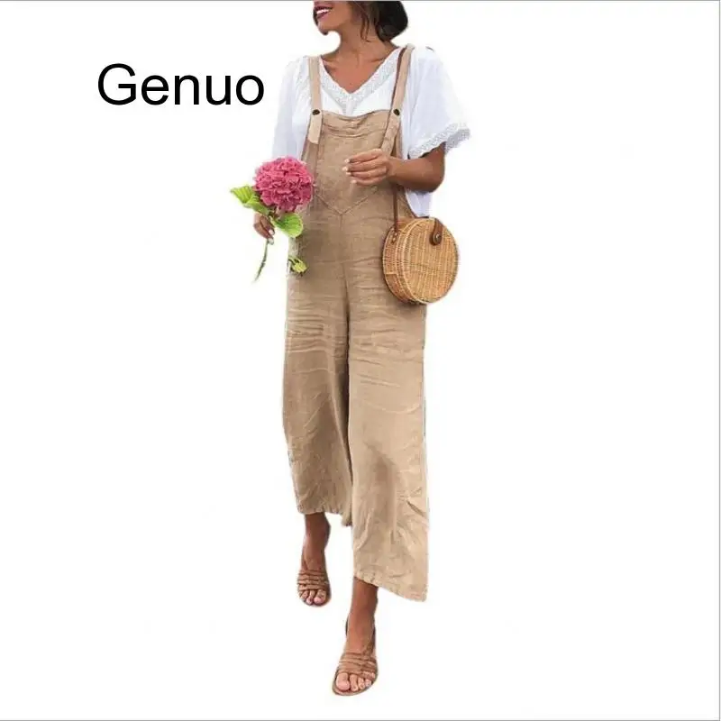 Women Overalls Sleeveless Dungarees Loose Solid Summer Casual Women's Straight Playsuit Jumpsuit Woman Romper 2020 New 2020 new summer solid rompers newborn infant baby girl boy outfit linen cotton romper jumpsuit kids sleevless casual clothes set