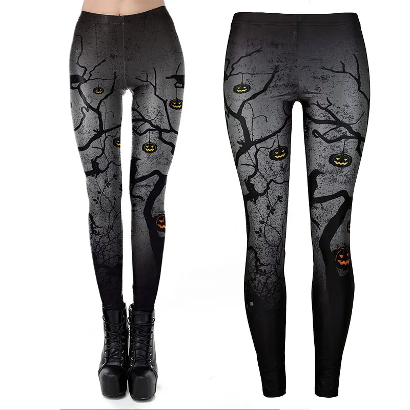 Vessos Casual Trousers Halloween Leggings Fitness Party Sport Pants Leisure Fashion Running Pumpkin Printing Black Polyester