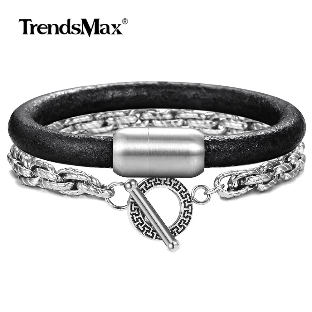 2 шт стек браслеты для мужчин мальчиков черный натуральная кожа Нержавеющая сталь Twrist Rolo кабель ссылка мужской браслет; Комплект бижутерии DLBF54
