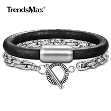 2 шт стек браслеты для мужчин мальчиков черный натуральная кожа Нержавеющая сталь Twrist Rolo кабель ссылка мужской браслет; Комплект бижутерии DLBF54