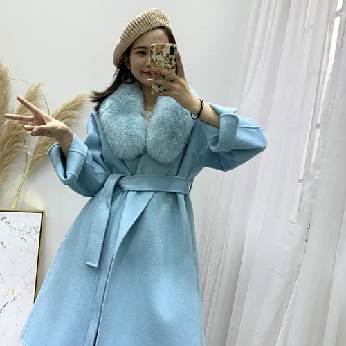Зимняя куртка женская шуба из натурального меха лисы воротник Толстая теплая кашемировая шерсть комбинированная верхняя одежда Повседневный Пояс уличная - Цвет: blue