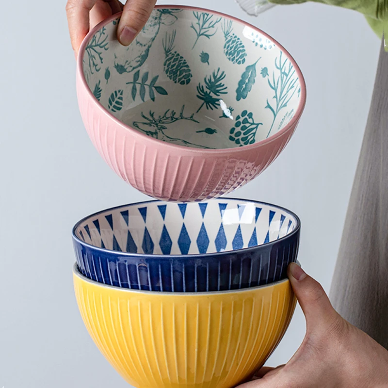 

6inch European Retro Embossed Printing Noodle Bowl Ceramic Tableware Instant Noodle Bowl Creative Salad Household Porcelain