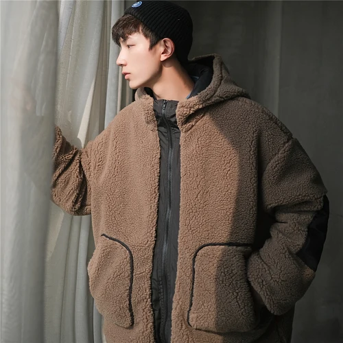Liketkit зимние куртки и пальто для мужчин однотонная Лоскутная парка из овечьей шерсти с капюшоном для мужчин большие размеры корейские пары пальто-пузырь - Цвет: CAMEL