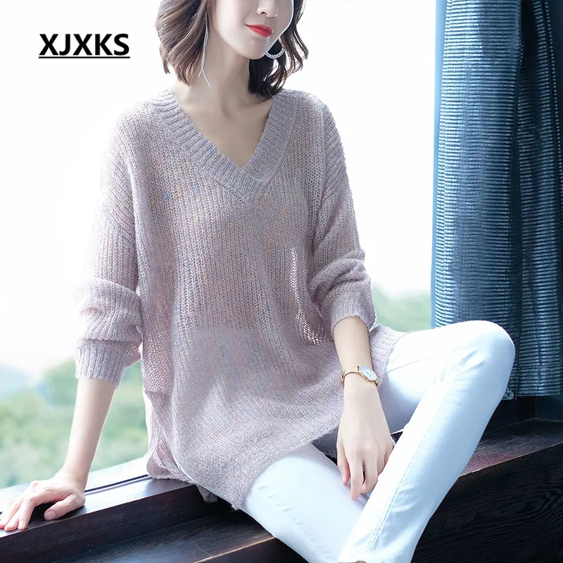 

XJXKS Women Sweater Loose Pullover Knitted V neck Solid Color Knit Top Autumn Sweaters Pull Casual Ladies Jumper Tops