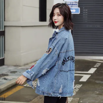 

Basic Denim Coat Bombers Vintage Fabric Patchwork Denim Jacket Women Cowboy Jeans 2020 Spring Frayed Ripped Hole Jean Jacket