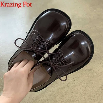 

Krazing pot new arrival genuine leather low heels round toe lace up autumn elegant brand British school mature women pumps L11