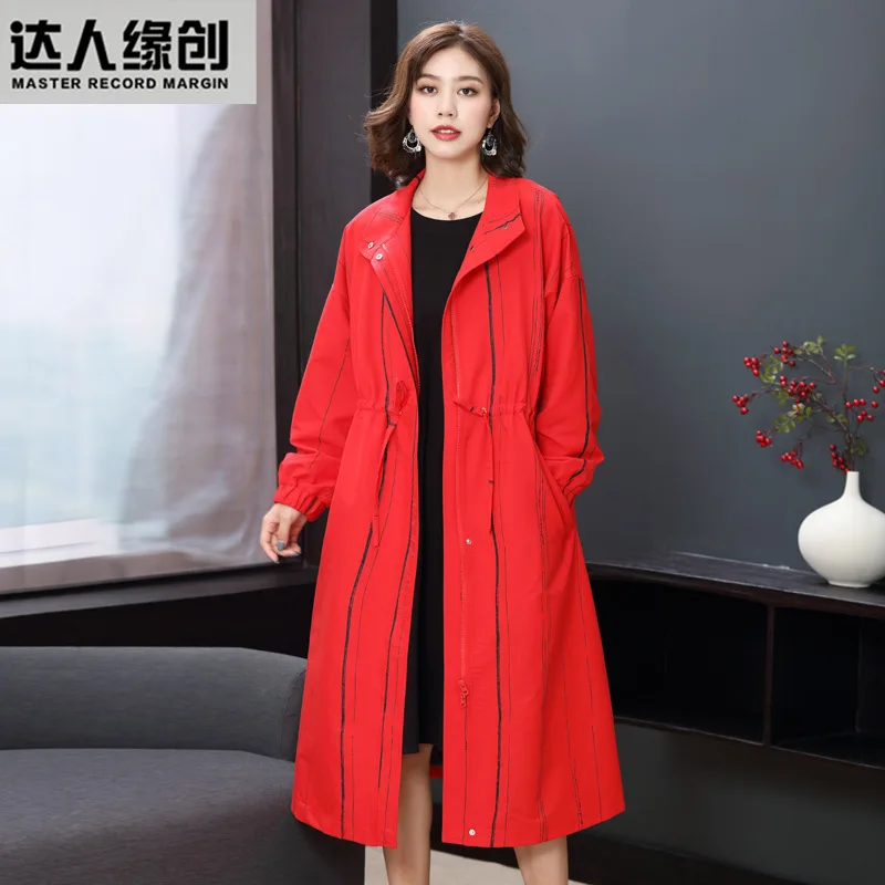 

2019 Autumn New Style Origional WOMEN'S Dress Stand Collar Stripes Long Sleeve Large Size Europe And America Coat Casual Trench