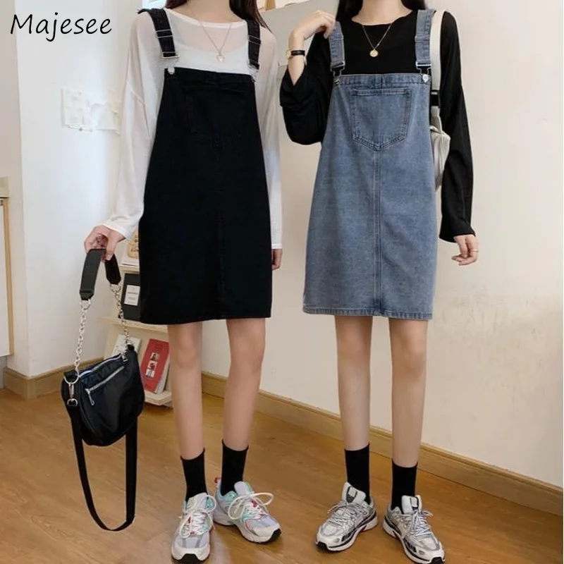 

Dress Women Summer Denim Sundress Casual Loose Overalls Female Solid Adjustable Suspenders Korean Style All-match Fashion Chic
