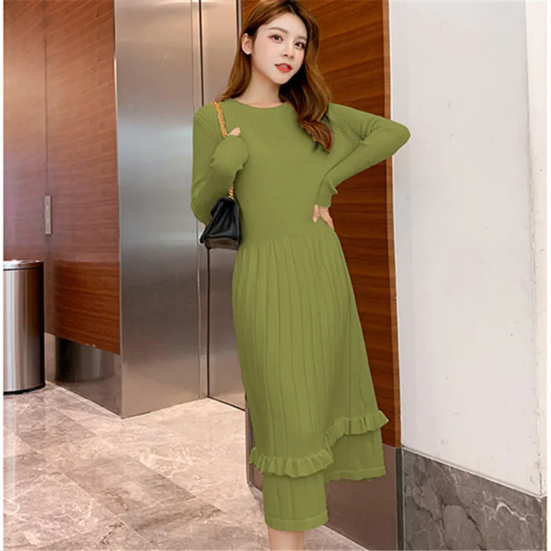 

Stripe Solid Retro Slim Casual Botton High Waist O-Neck Long Sleeve Vestido Winter Knitted Dress Autumn Women Female Mujer New