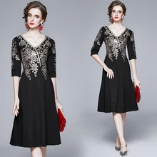 

Spring Summer Women dress Elegant V-neck Mermaid Black dresses Ladies Fashion Embroidery Vintage female bing dress Slim