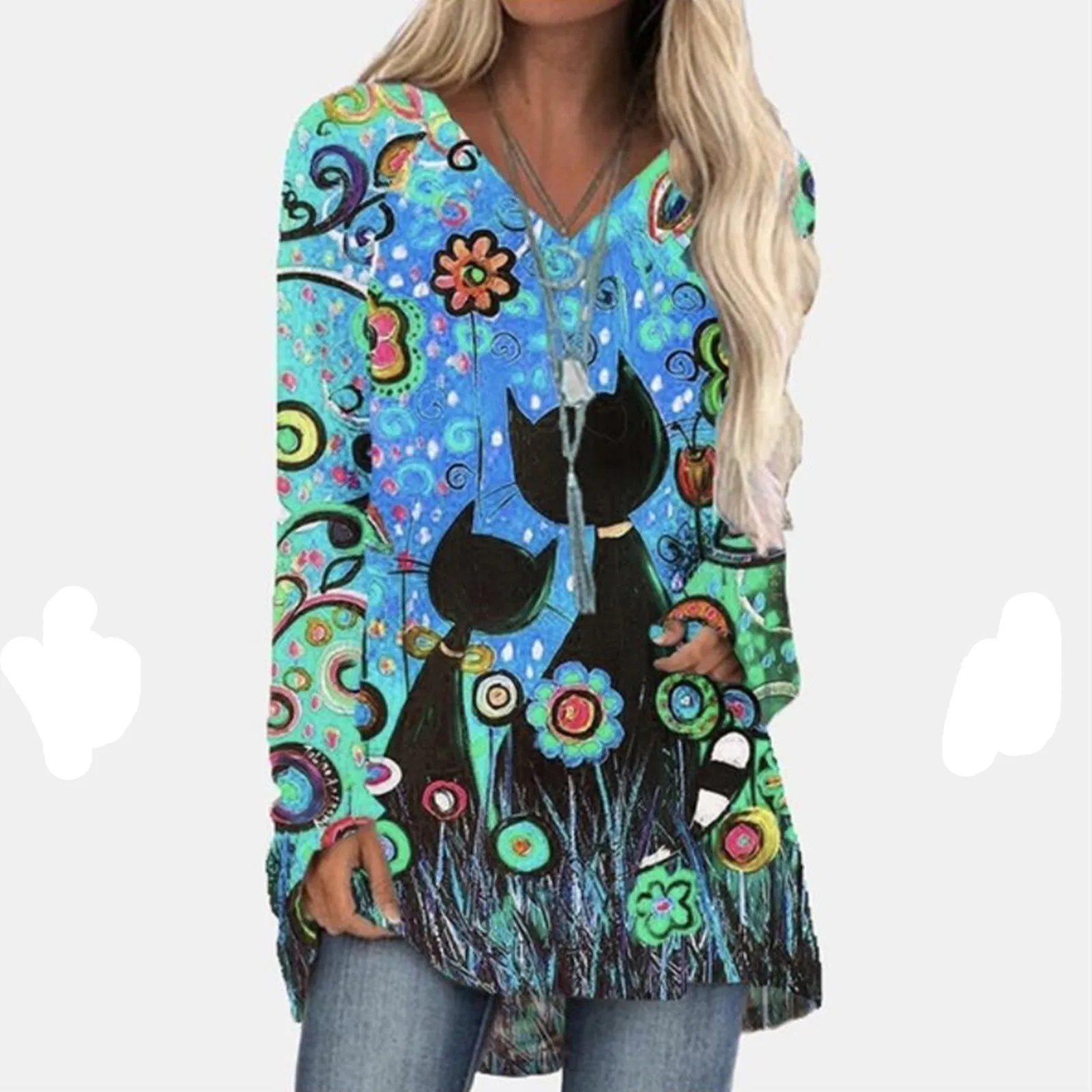 Cat Print Flower Pattern T Shirt V Neck Long Sleeve Loose Tops Women