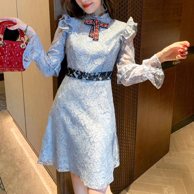 

Runway Sexy Lace Trumpet Sleeve Ruffled Beaded Bow Blue Elegant Dress Designer Temperament Spring And Summer New High Quality