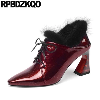 

women big size high heel patent leather crossdresser booties pointed toe chunky shoes front lace up casual ankle boots autumn