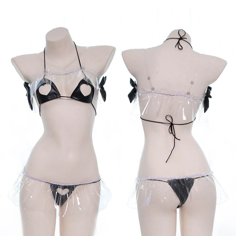 

Sexy transparent heart-shaped Bikini bowknot Lace up leather Lingerie Japanese Lolita Girl Woman Intimates Sleepwear pajamas